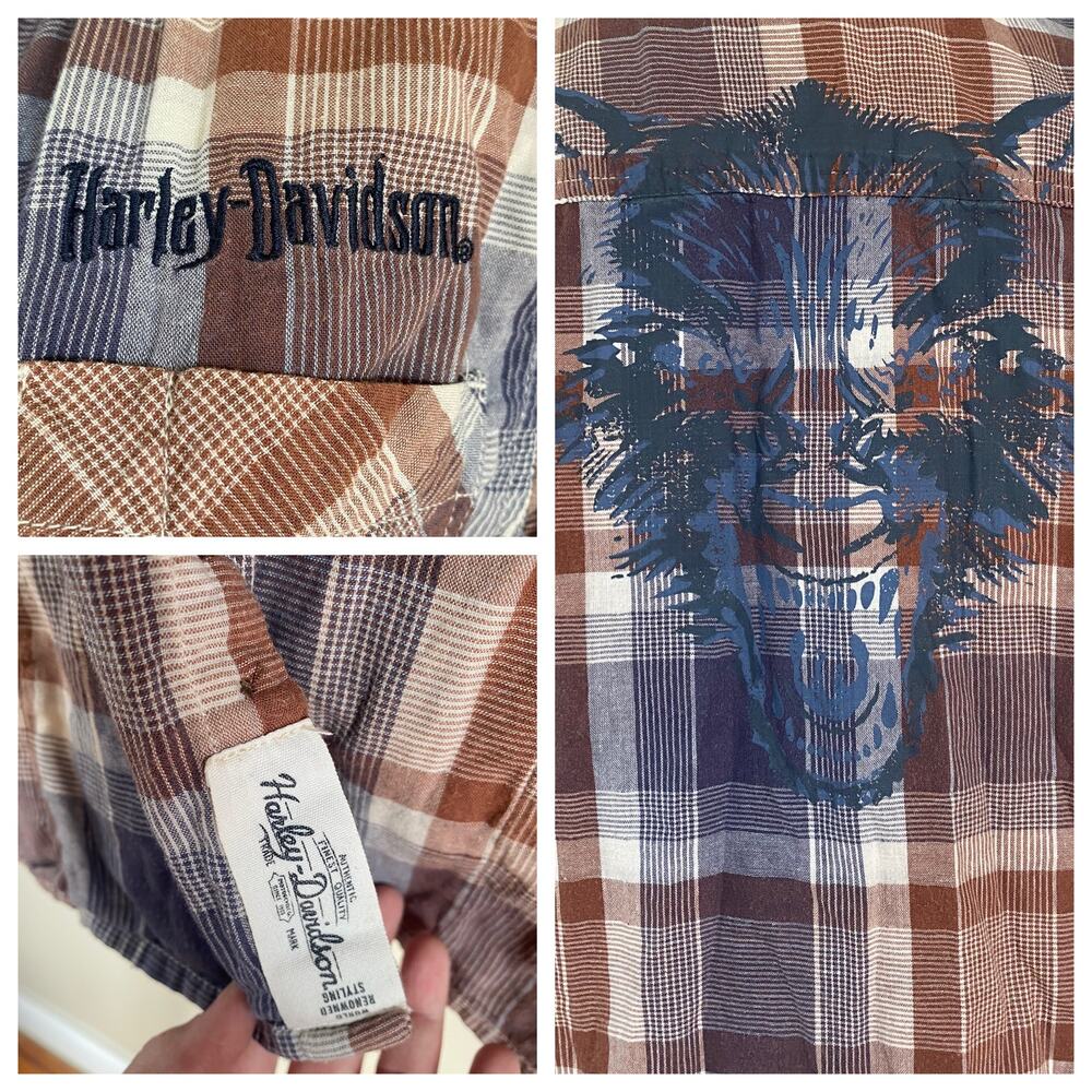 Harley Davidson Plaid Short Sleeve Button Down Mechanic Tiger Graphic Mens L